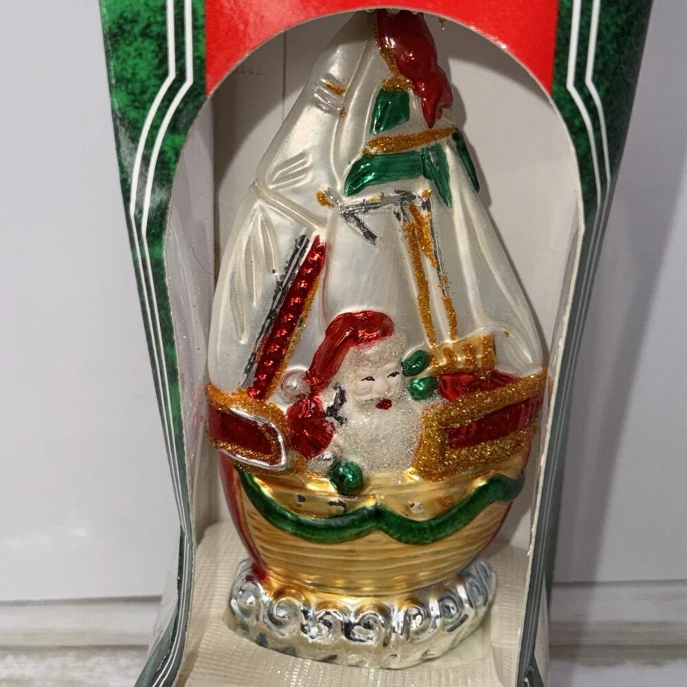 Vintage Santa's Best Blown Glass Christmas Ornament Nautical Santa boat 6.5